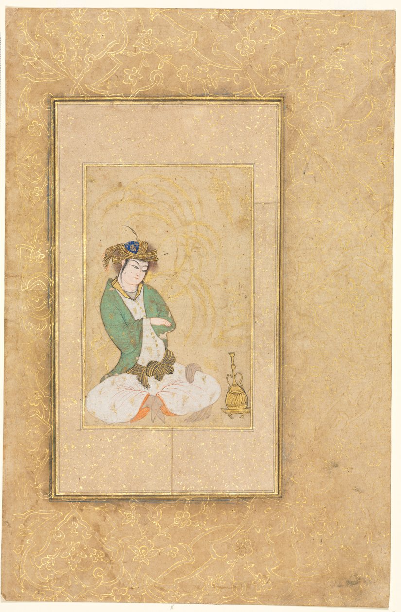 Ungdom sitter ved en pil; Enkeltside illustrasjon av style of Muhammad Yusuf