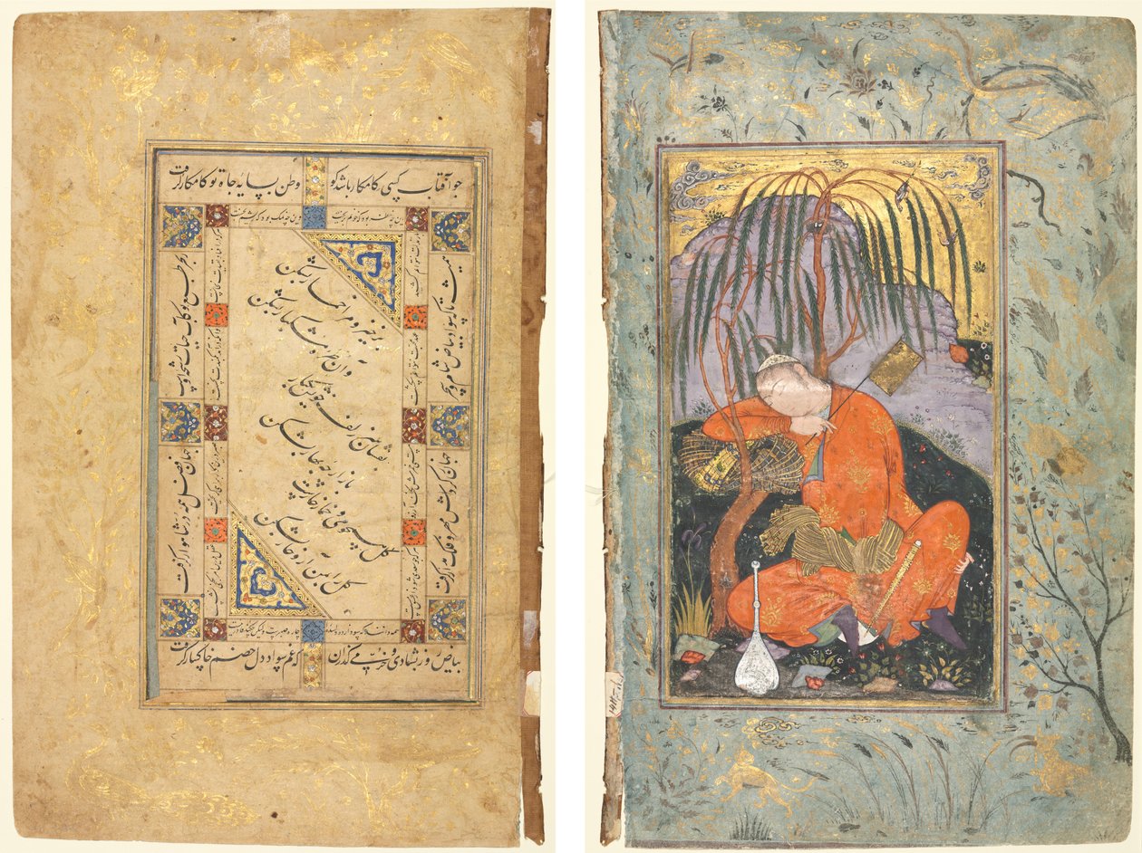 persiske par (recto); Sovende ungdom (verso) av style of Riza yi Abbasi