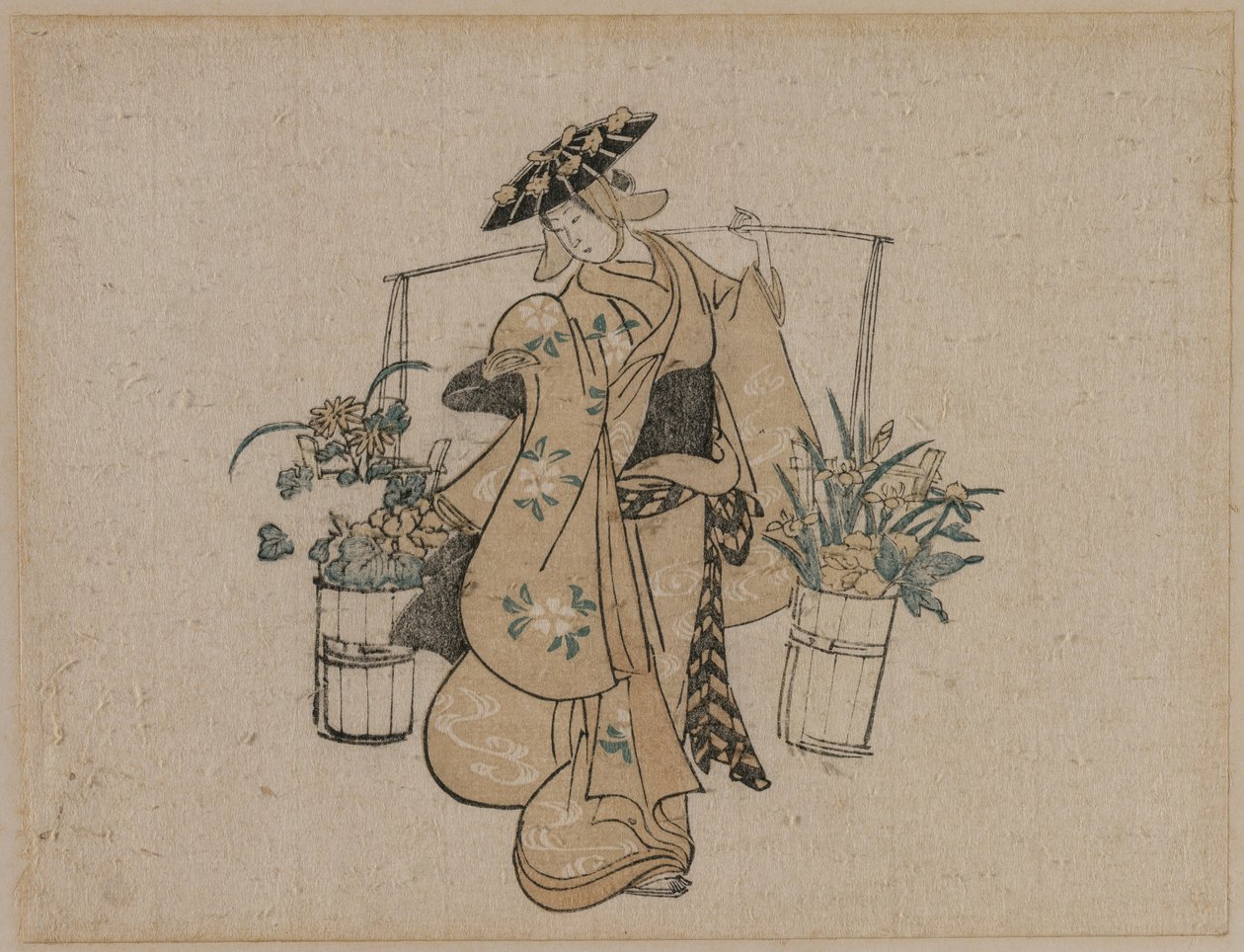 En skjønnhet som bærer to bøtter med blomster av style of Torii Kiyomasu