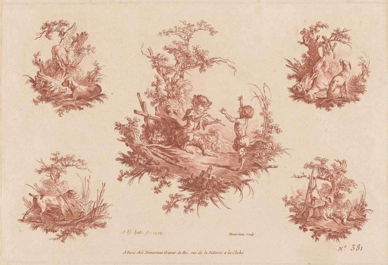 Singerie med fire vignetter av hundejakt av the Elder and Jean Baptiste Hüet Gilles Demarteau