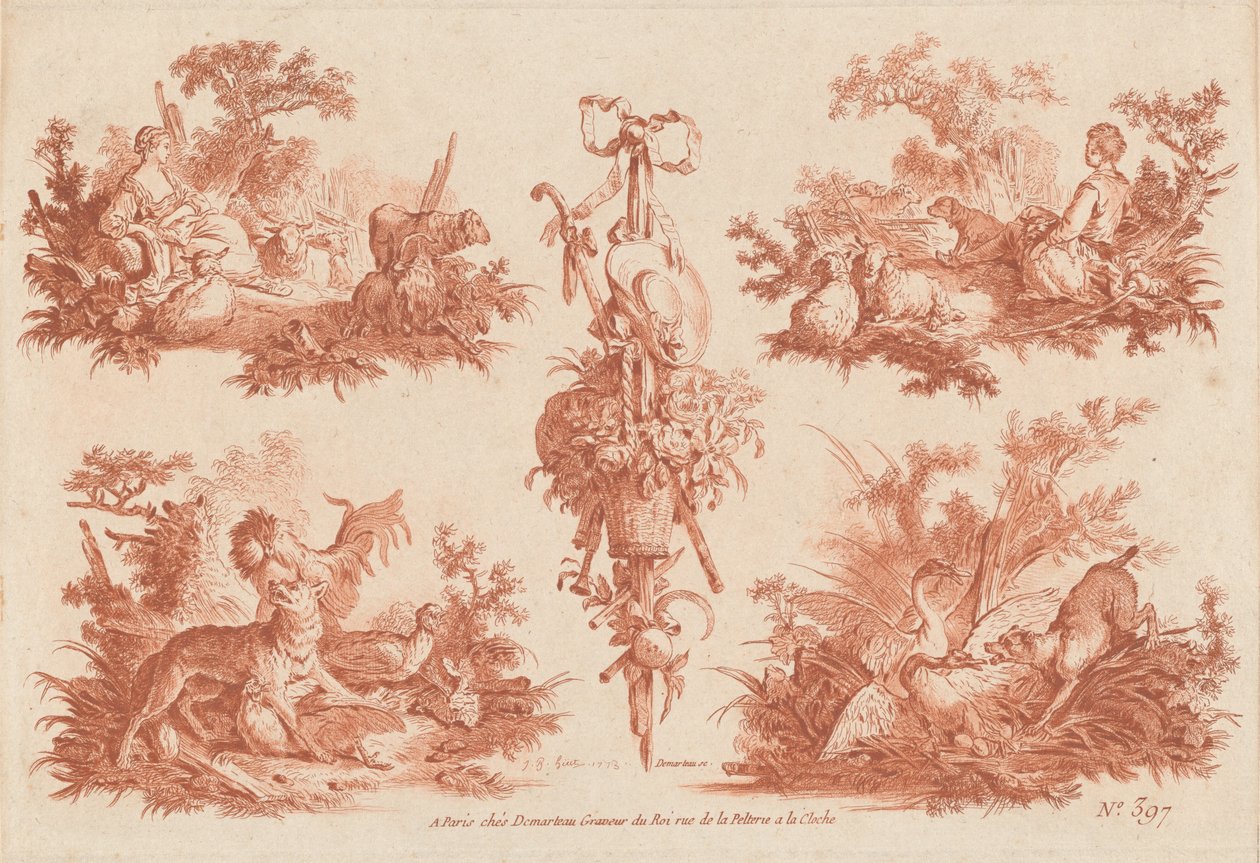 To pastorale vignetter, to jaktvignetter og et trofé av the Elder and Jean Baptiste Hüet Gilles Demarteau