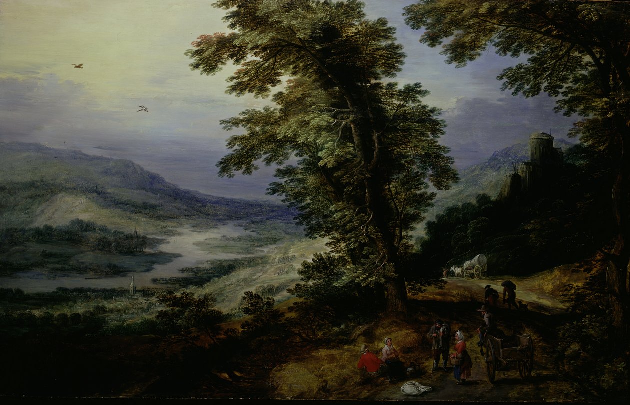 Mountain Road with Travelers, c. 161025.    1144512   no       norwegian Successfully Translated  Original: De exercitie met schild en spies: de soldaat staande met de spies rustend op de grond naast de rechtervoet (nr. 30), 1618 De Nassausche Wapen-Handel av the younger Joos de Momper