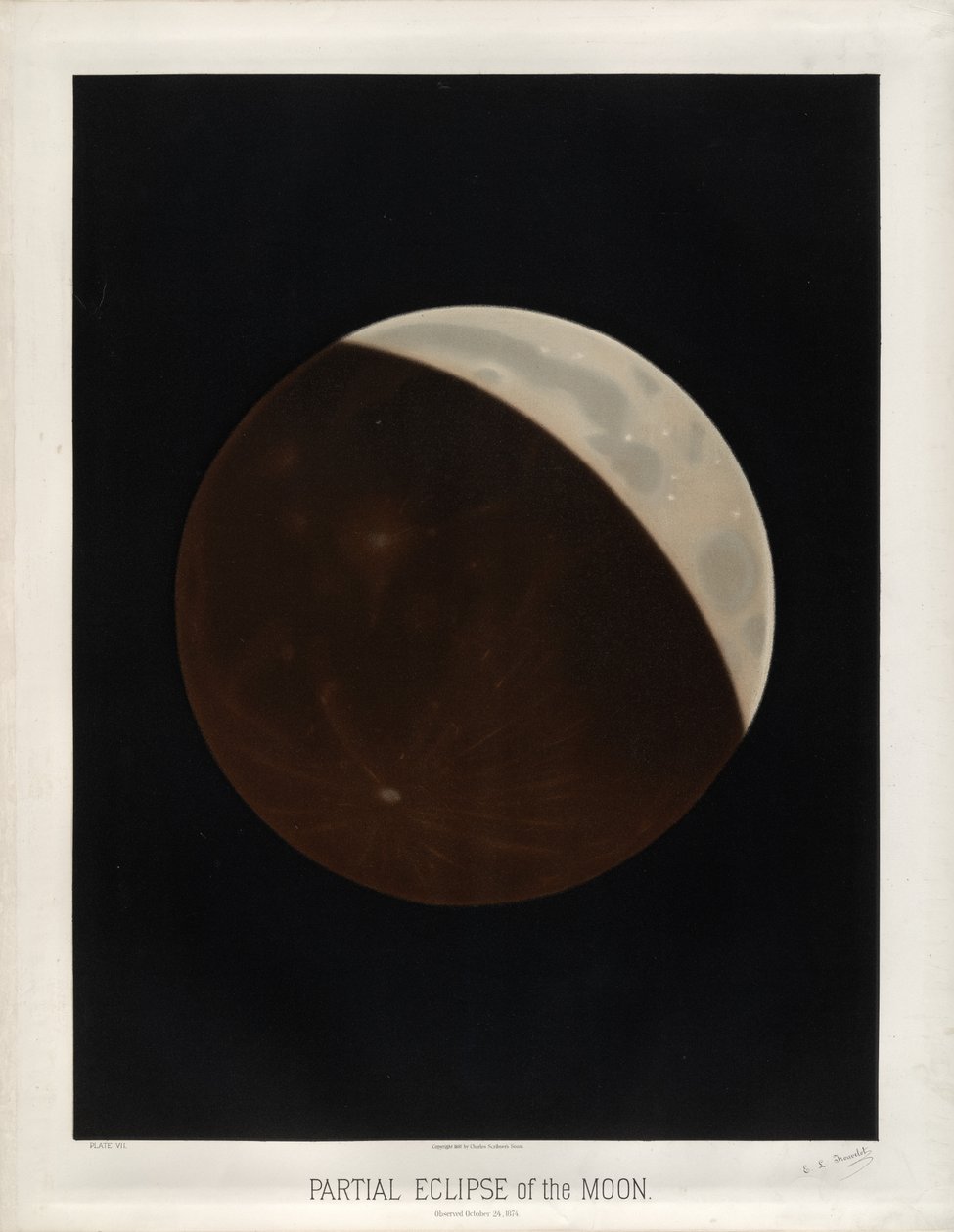 Delvis formørkelse av månen. Observert 24. oktober 1874. (Plate VII i Trouvelot Astronomical Drawings 1881) av Étienne Léopold Trouvelot
