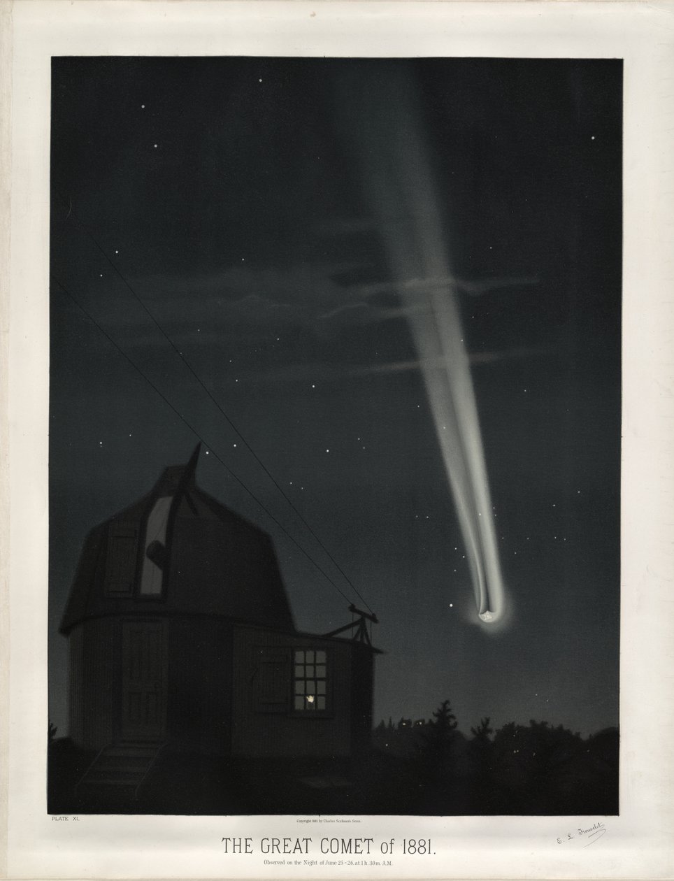 Den store kometen fra 1881 (Comet C/1881 K1). Observert natten til 25.-26. juni kl. 1 time. 30m. ER. (Plate XI fra The Trouvelot Astronomical Drawings 1881) av Étienne Léopold Trouvelot