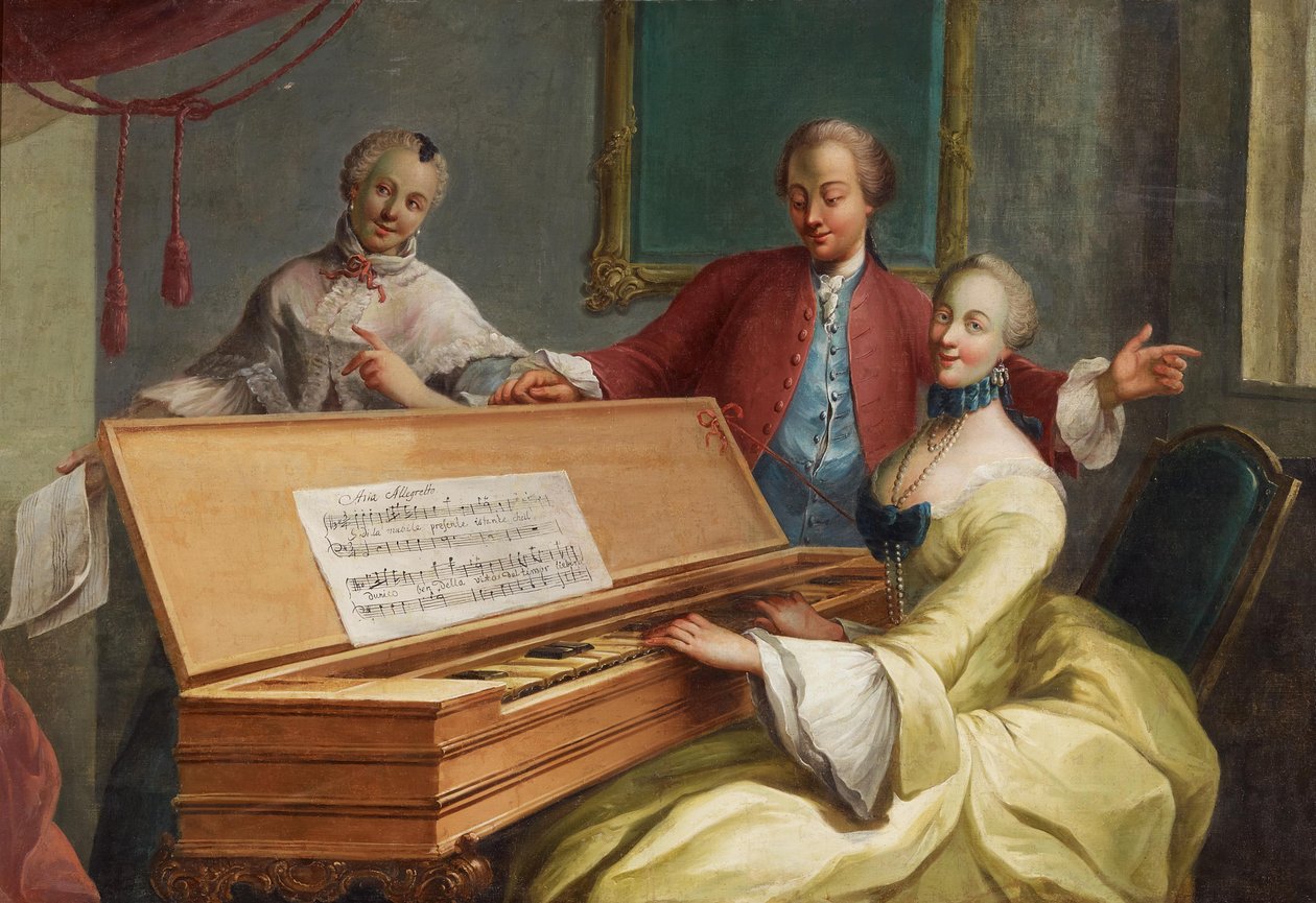 "Aria Allegretto". Elegant dame ved cembalo av Unknown