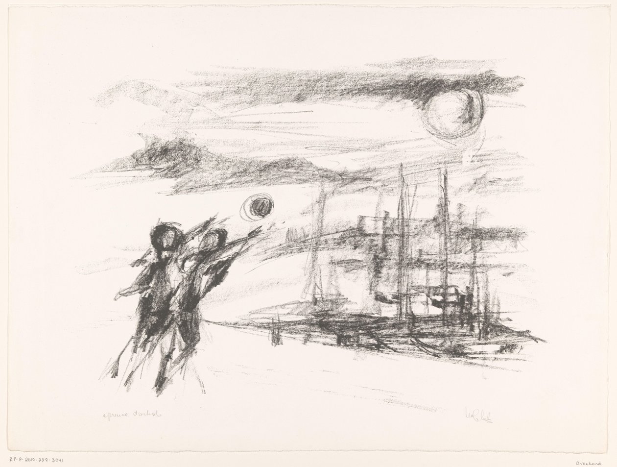 Folk ved kai med skip av unknown (signed by artist)
