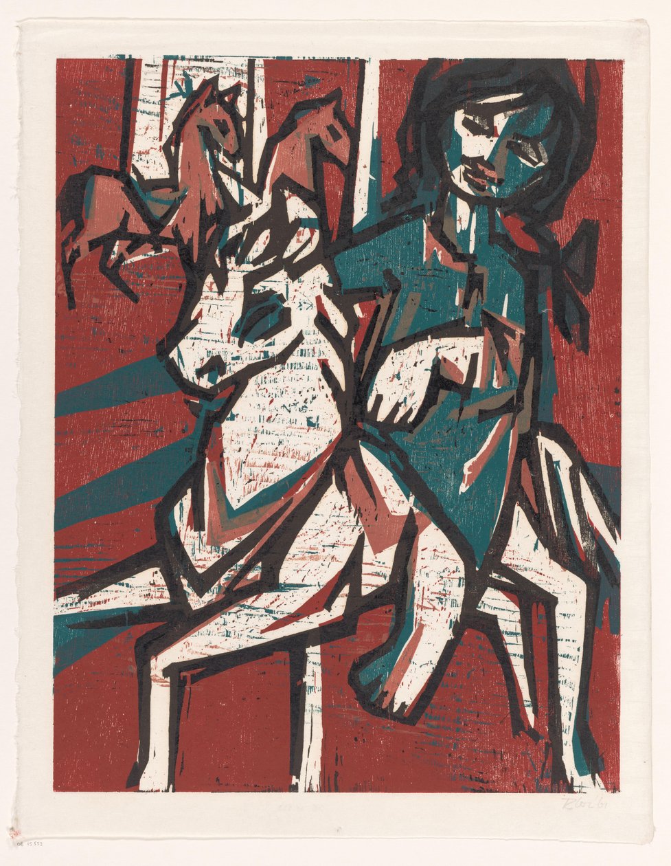 Kvinne på hesteryggen foran to andre hester av unknown (signed by artist)