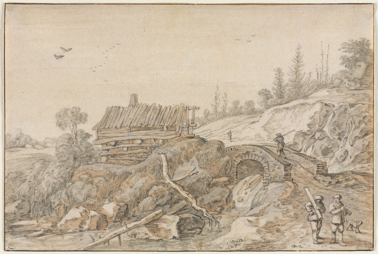 Kupert landskap med hytte ved siden av en bekk, 1627. av van de Velde Esaias