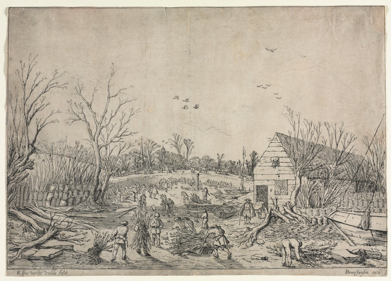 Den store flommen 10. januar 1624 eller Reparasjon av den ødelagte dike ved elven Lek av Vianen, 1624. av van de Velde Esaias