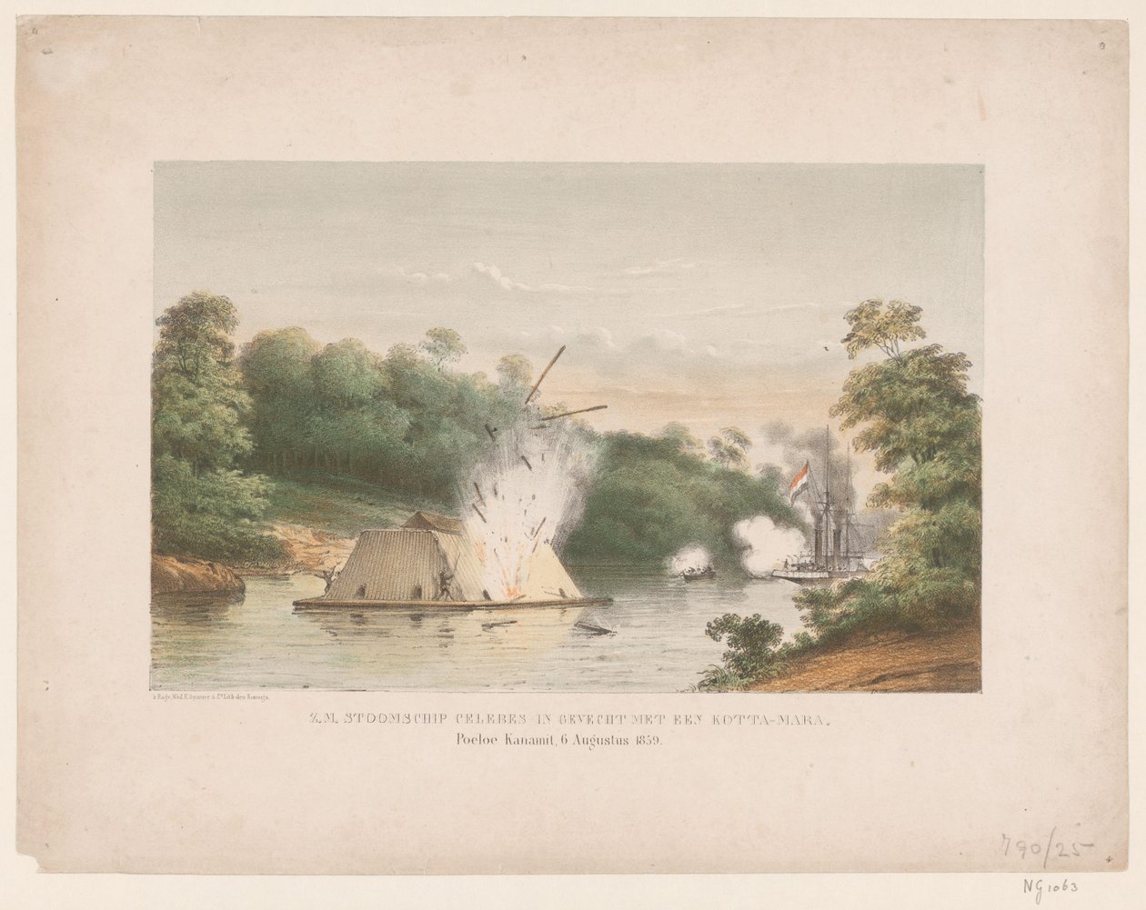 Z.M. Steamship Celebes i kamp med en kotta-mara. Poeloe Kanamit, 6. august 1859 (tittel på objekt) av weduwe Elias Spanier and Zn