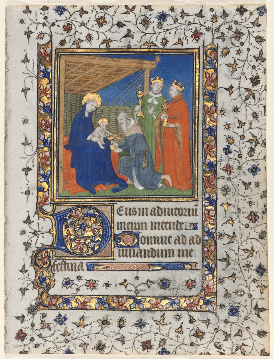 Bifolio fra a Book of Hours: Adoration of the Magi av workshop of Boucicaut Master
