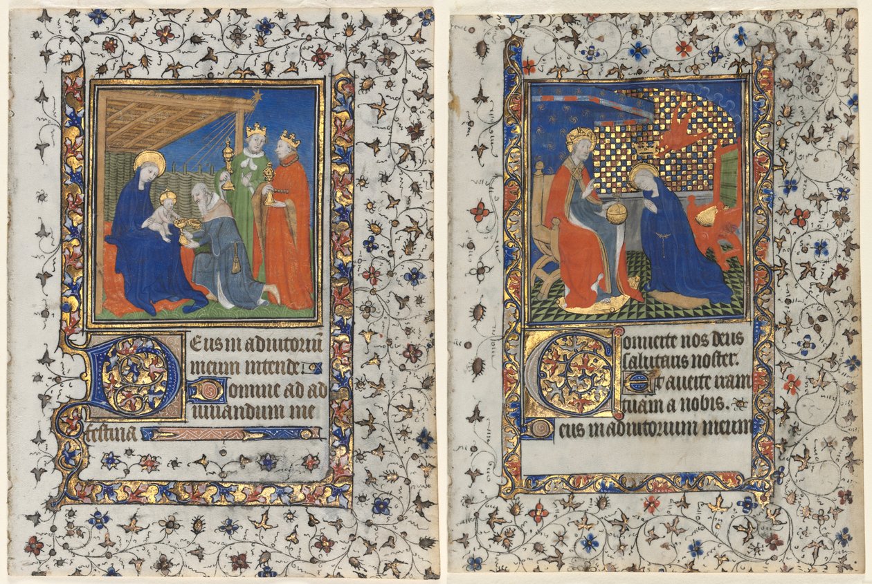 Bifolio fra en timebok: Tilbedelse av magi og kroning av jomfruen av workshop of Boucicaut Master