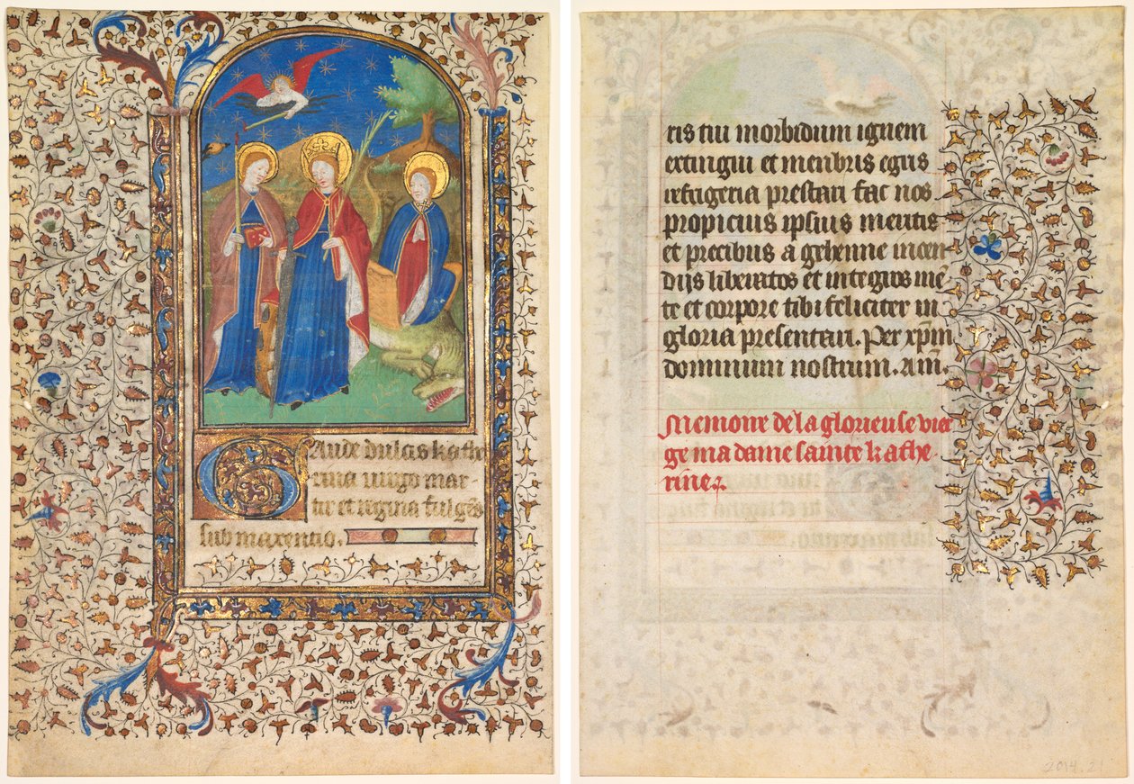 Blad fra en timebok: Sts. Geneviève, Katarina av Alexandria, og Margaret (rekto) og tekst (verso) av workshop of Boucicaut Master