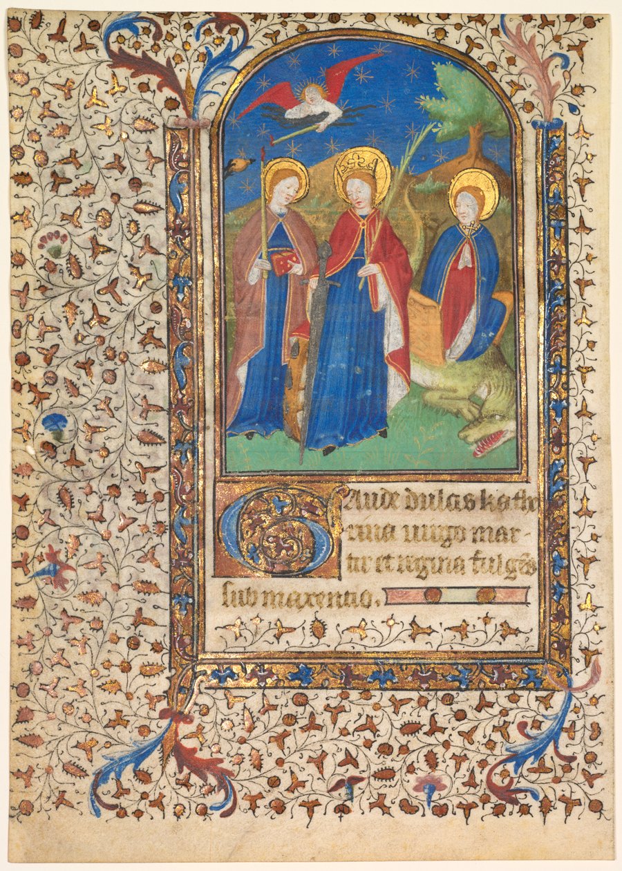 Blad fra en timebok: Sts. Geneviève, Katarina av Alexandria og Margaret (rekto) av workshop of Boucicaut Master