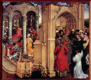 The Marriage of the Virgin Tremaleri av Robert Campin kalt Mesteren av Flemalle (1375-1444) 1400-tallets sol. 0,77x0,88 m Madrid, Pradomuseet - Jomfruens bryllup. Maleri på tre av Robert Campin kjent som Mesteren av Flemalle (1375-144