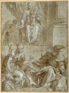 Jomfru og barn tronet med de hellige døperen Johannes, ca. 1548 (penn, svart blekk og brun vask på papir) av Veronese
