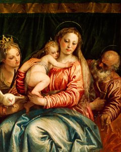 Madonna og barn, helgen og St Peter av Paolo Caliari kjent som Veronese (1528-1588), olje på lerret