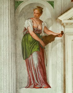 Trompe l#39;oeil-freske, ung kvinne med fiolin, fra Villa Barbaro, bygget av Andrea Palladio … (freske)