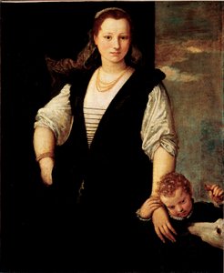 Portrett av en kvinne med et barn og en hund (barnene til Francesco Bevilacqua?) Maleri av Paolo Veronese Caliari (1528-1588) 1500-tallet Søn. 115x95 cm Paris, Musée du Louvre av Veronese
