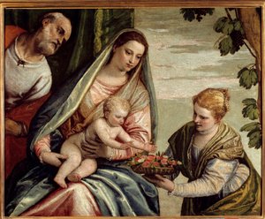 Den hellige familie med en giver (Saint Dorothee) Maleri av Paolo Veronese (1528-1588) 1500-tallet Søn. 0,76x0,94 m Bordeaux, Musee des Beaux Arts - Den hellige familie med en giver (Saint-Dorothea). Maleri av Veronese (Paolo Caliari) (1528-1588) av Veronese