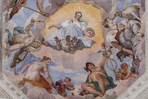 Universell harmoni omgitt av guder: Zevs med en ørn, Mars, Apollo med lyren, Venus, Merkur med caduceus, Diana med hunder og Saturn, den sentrale åttekanten i Hall of Olympus av Veronese