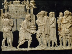 Presentasjon til Francesco I av modellfontene i Pratolino, av Jean de Boulogne aka Giambologna (1529-1608), voksflis av Giambologna