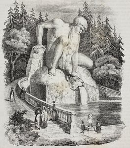 Colossus of Apennines (av Giambologna) i parken til Villa Demidoff (Villa Medicea of ​​Pratolino), Vaglia, Toscana, Italia, litografi av Giovanni Mariani fra Poliorama Pittoresco, n 10, 15. oktober