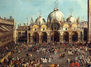 Tyrefekting eller oksejakt på Piazza San Marco, av Giovanni Antonio Canal, kjent som Canaletto (1697-1768) og av Giovanni Battista Cimaroli (1687-etter 1753), olje på lerret, 99x145 cm av Canaletto
