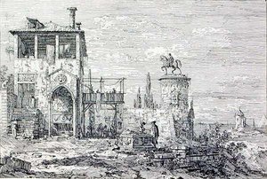Landskap med et ryttermonument (gravering) av Canaletto