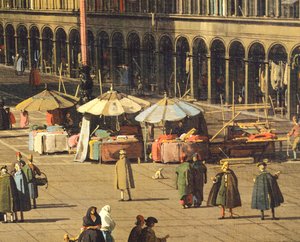Piazza San Marco (Markusplassen) fra basilikaen mot kirken San Geminiano og Procuratie Nuove (bygninger av prokuratorer), Venezia, av Giovanni Antonio Canal, kjent som Canaletto (1697-1768), Olje på lerret, 68,5x93,5 cm , ca 1735