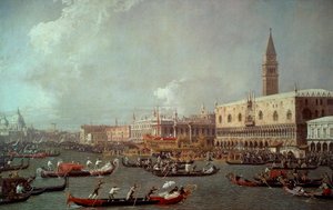 Bucentaurens retur til bryggen på Kristi himmelfartsdag, ca 1760, av Giovanni Antonio Canal kjent som Canaletto (1697-1768), olje på lerret