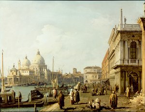 Venezia: utsikt over Santa Maria della Salute og Canal Grande fra Piazzetta (olje på kobber) av Canaletto