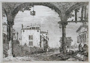 Se gjennom en arkade mot kystbygninger (etsing) av Canaletto