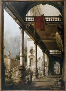 Capriccio med søylegang og gårdsplass (olje på lerret av Canaletto