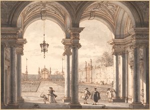 ""View of a Baroque Colonnade withlooking a Garden"" (View through a Baroque Colonnade into a Garden) Pennetegning av Antonio Canal dit Canaletto (1697-1768) 1760-1768 Dim 33,1x45,4 cm Albertina , Wien av Canaletto