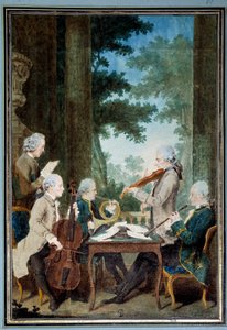 Gentlemen Duport, Vachon, Rodolphe, Provers og Vernier Portrett av en gruppe musikere under en konsert. Akvarell av Louis Carrogis (1717-1806) dit Carmontelle. 1700-tallets søn. 0,34x0,23 m Chantilly, museumskonde