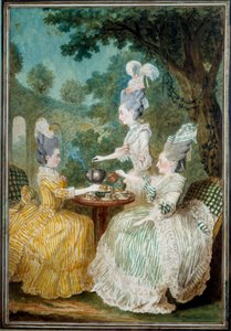 Damene fra Montesson, Crest og Damaskus tar akvarellen av Louis carrogis dit Carmontelle (1717-1806) 1773. Paris, Musee Carnavalet av Carmontelle