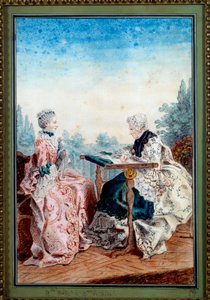 Mademoiselle Melin og Mademoiselle de Laleu gjør akvarellteppe av Louis carrogis dit Carmontelle (1717-1806) 1759. Paris, Musee Carnavalet av Carmontelle