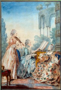 De tre døtrene til komponisten Joseph Nicolas Pancrace Royer (1705-1755) fremfører partituret til balletten Zaide Aquarelle av Louis Carrogis Carmontelle (1717-1806) 1760 Paris, Musee Carnavalet av Carmontelle