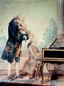 Wolfgang Amadeus Mozart (1756-1791) barn som spiller piano med sin far Leopold"" Akvarell av Louis Carrogis Carmontelle (1717-1806) 1777 Paris, Musee Carnavalet