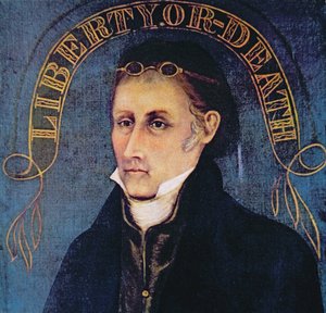 Patrick Henry, avbildet med legenden 'Liberty or Death' (farge litho)