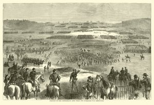 Stillingen til den konfødererte hæren da overgivelsen ble kunngjort, april 1865 (gravering) av (after) American School