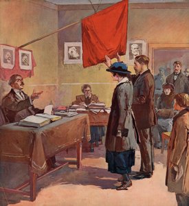 Sivilt ekteskap utført av en provinskommissær i Sovjet-Russland under det røde flagget (farge litho)