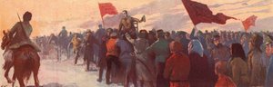 Mengde av tilhengere av den russiske revolusjonære lederen Alexander Kerensky (farge litho)