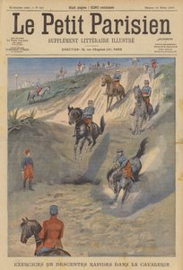 Fransk kavaleri øver på raske bratte nedstigninger på hesteryggen (farge litho) av (after) Carrey