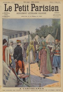 Gisler fra underkuede marokkanske stammer som marsjerer forbi general Drude ved Casablanca (farge litho)