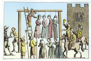 En henrettelse av hekser i England (gravering) (senere fargelegging)