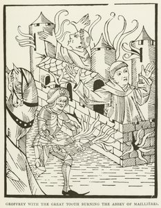 Geoffrey med den store tannen som brenner Abbey of Maillieres (gravering) av (after) English School