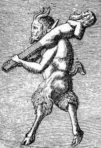 Satyr som bærer en herm, detalj fra et lite bærbart tempel dedikert til tilbedelsen av Priapus (gravering) (detalj av 405756)