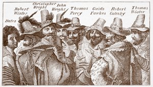 The Gunpowder Plot Conspirators, etter en gravering (gravering) fra 1606 av (after) English School
